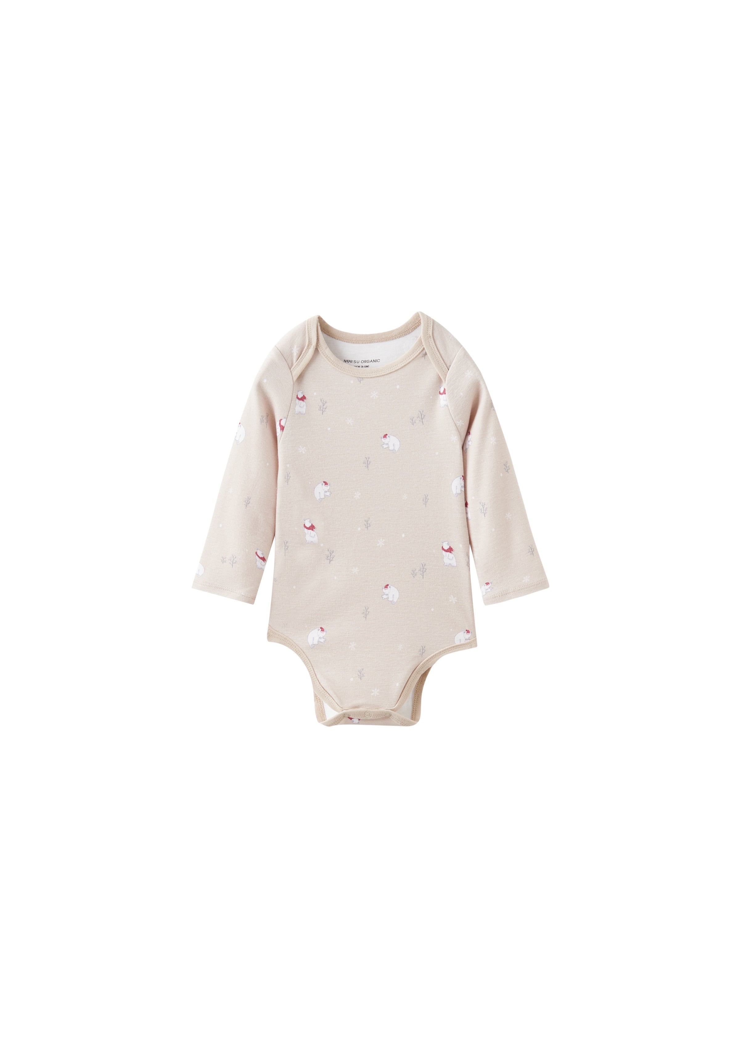 Beige baby bodysuit with bear pattern on a white background
