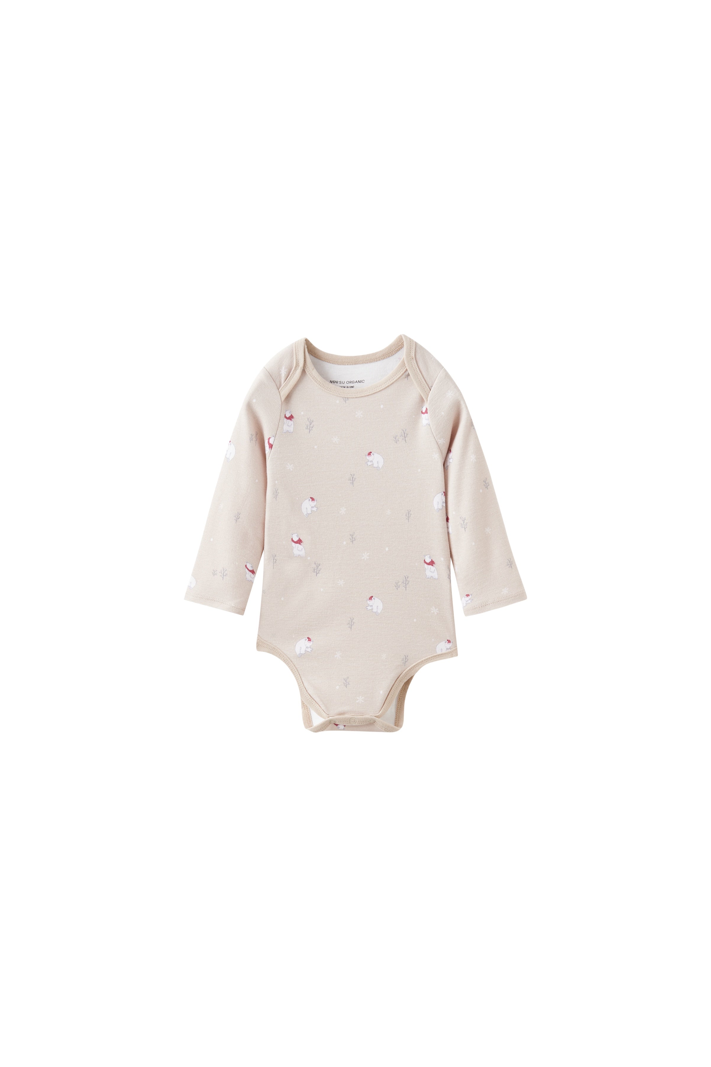 Beige baby bodysuit with bear pattern on a white background