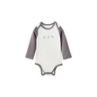 White baby onesie with gray sleeves on a white background