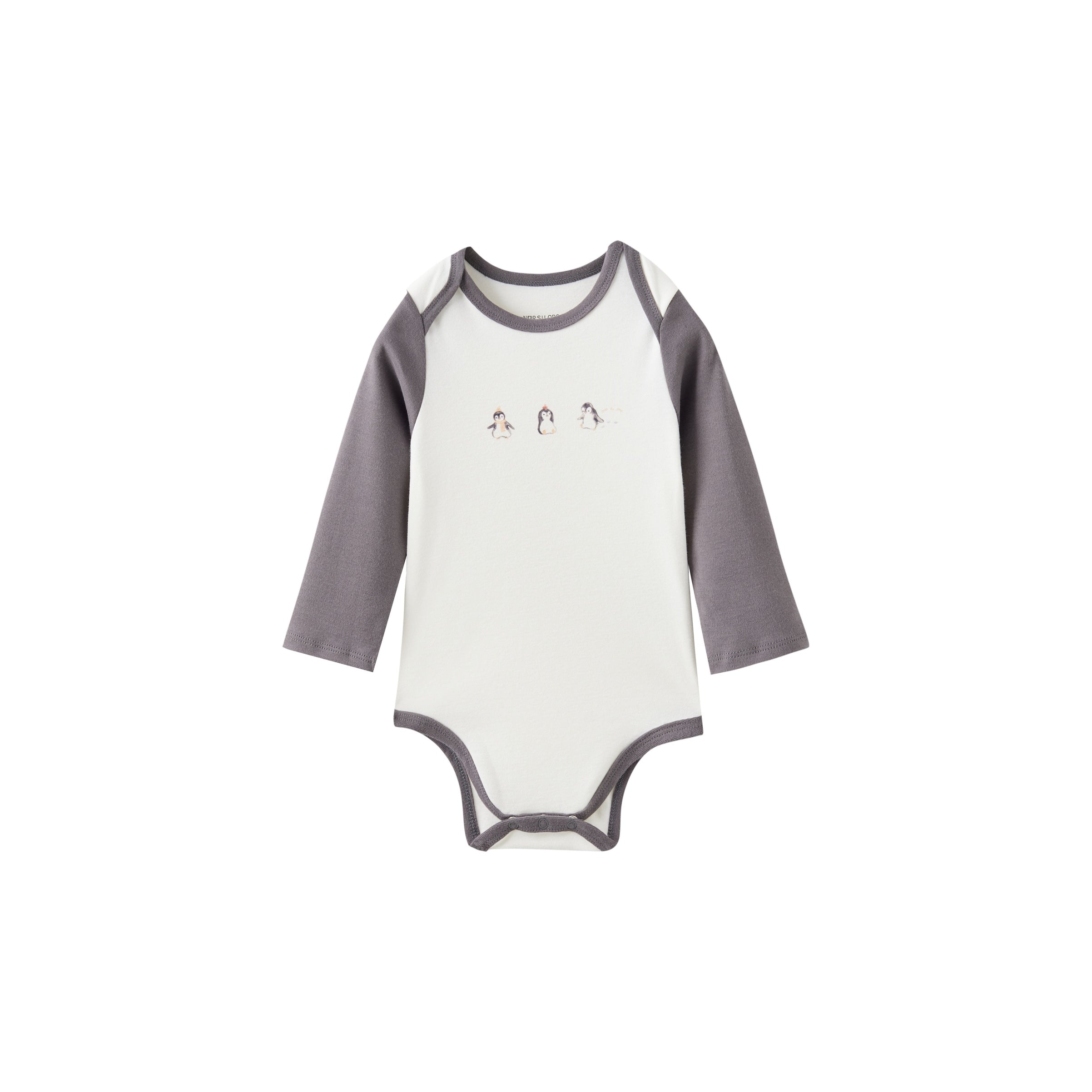 White baby onesie with gray sleeves on a white background