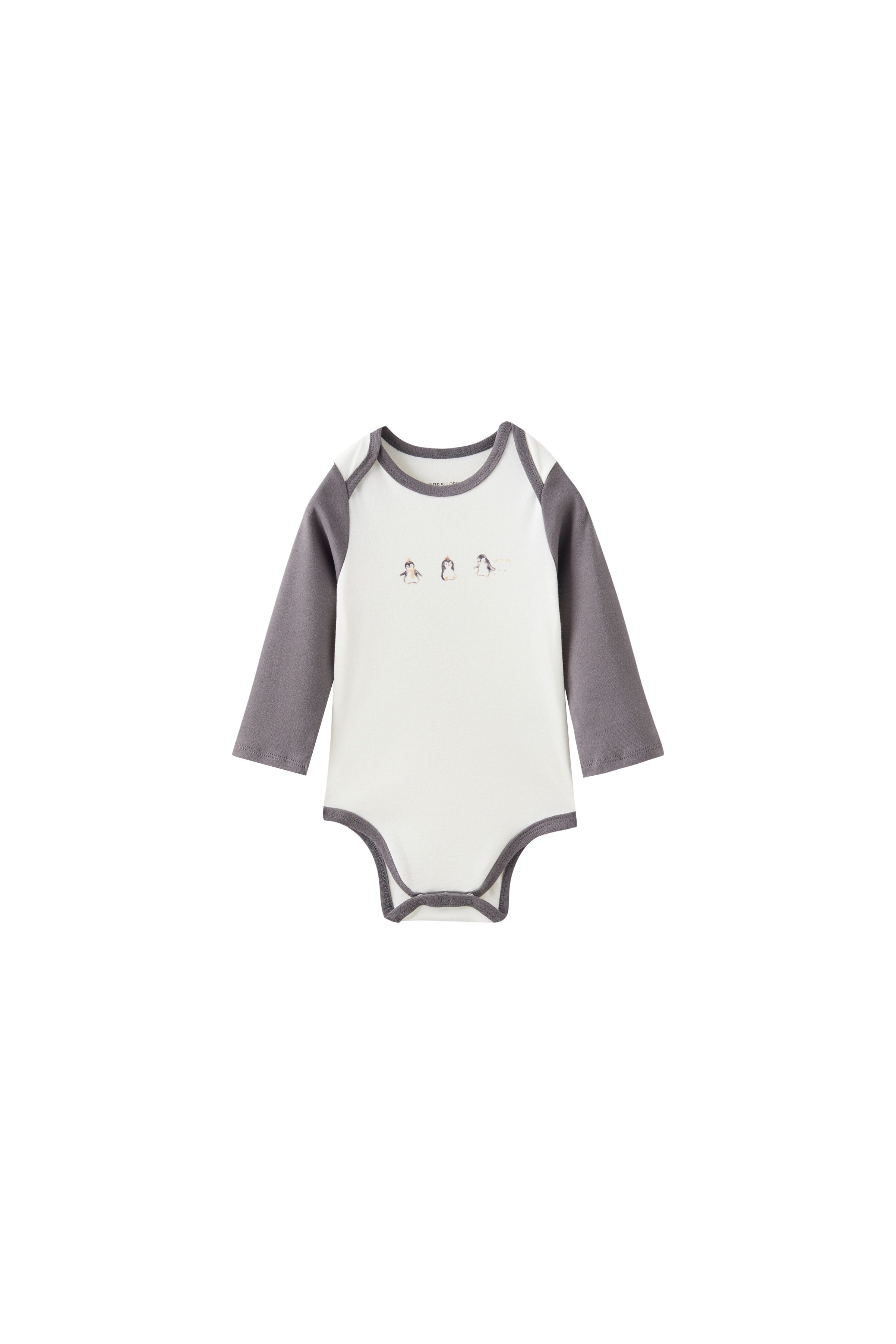 White baby onesie with gray sleeves on a white background