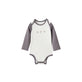 White baby onesie with gray sleeves on a white background