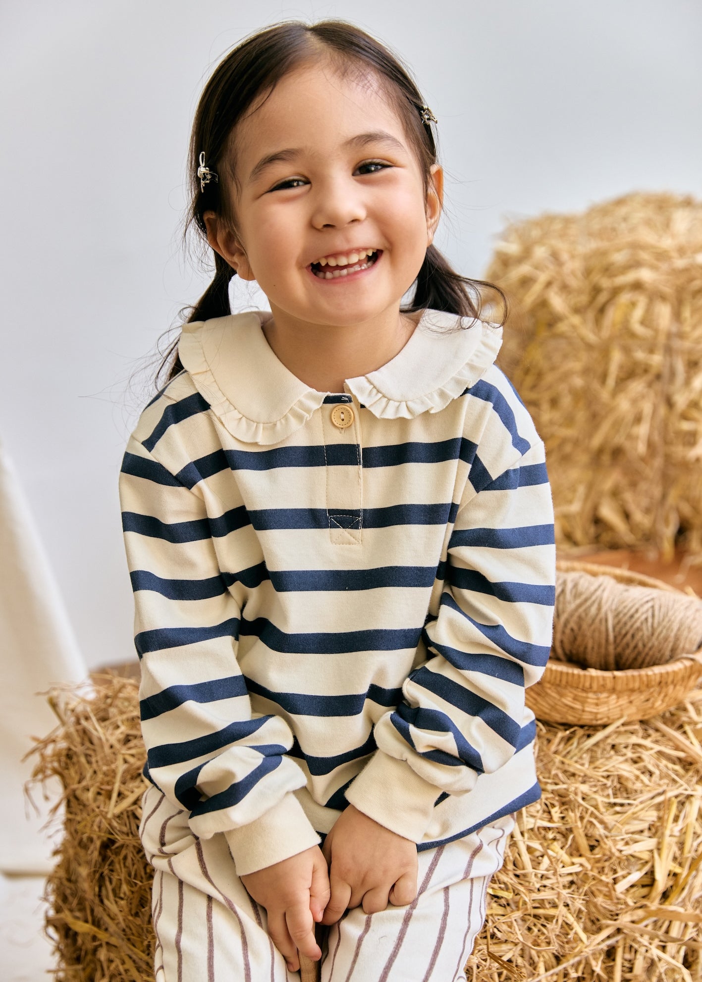 Collar Long-sleeve shirt-Navy Stripe