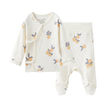 Baby outfit with long-sleeve top and pants featuring fruit patterns on a white background