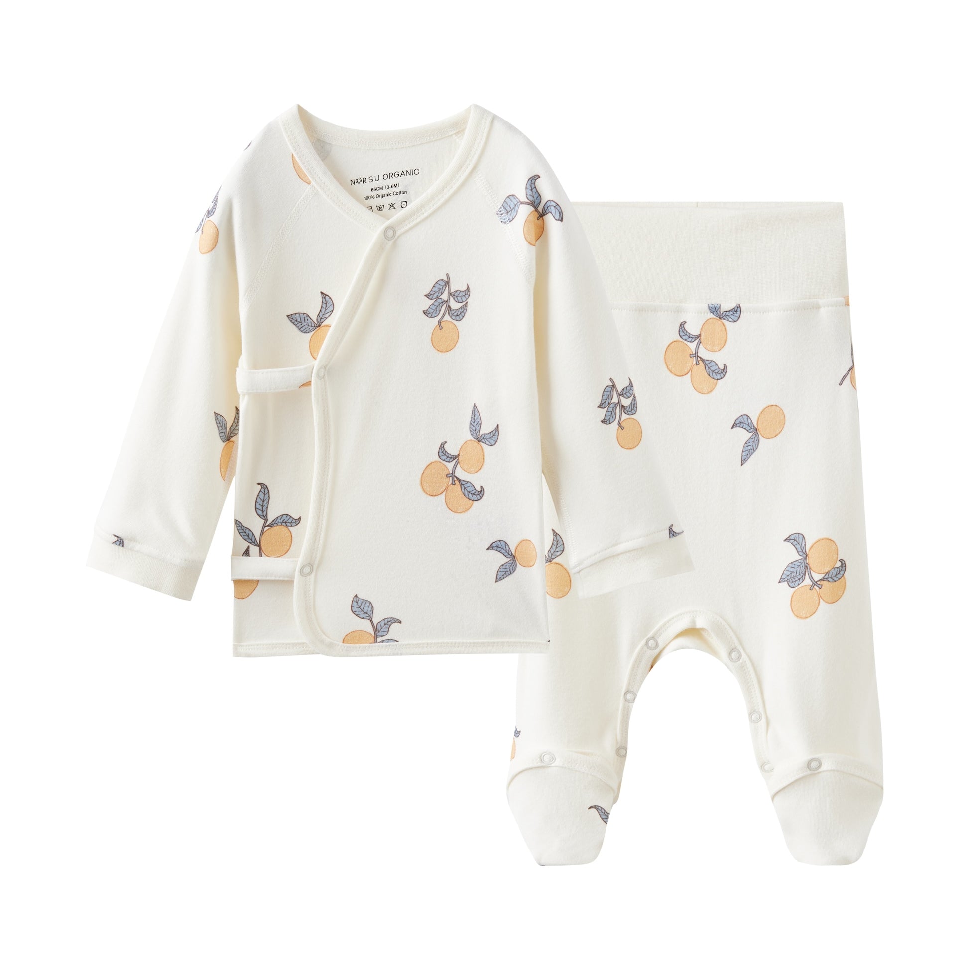 Baby outfit with long-sleeve top and pants featuring fruit patterns on a white background