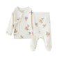Baby outfit with long-sleeve top and pants featuring fruit patterns on a white background
