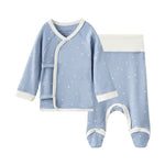 Baby blue outfit with white trim on a white background