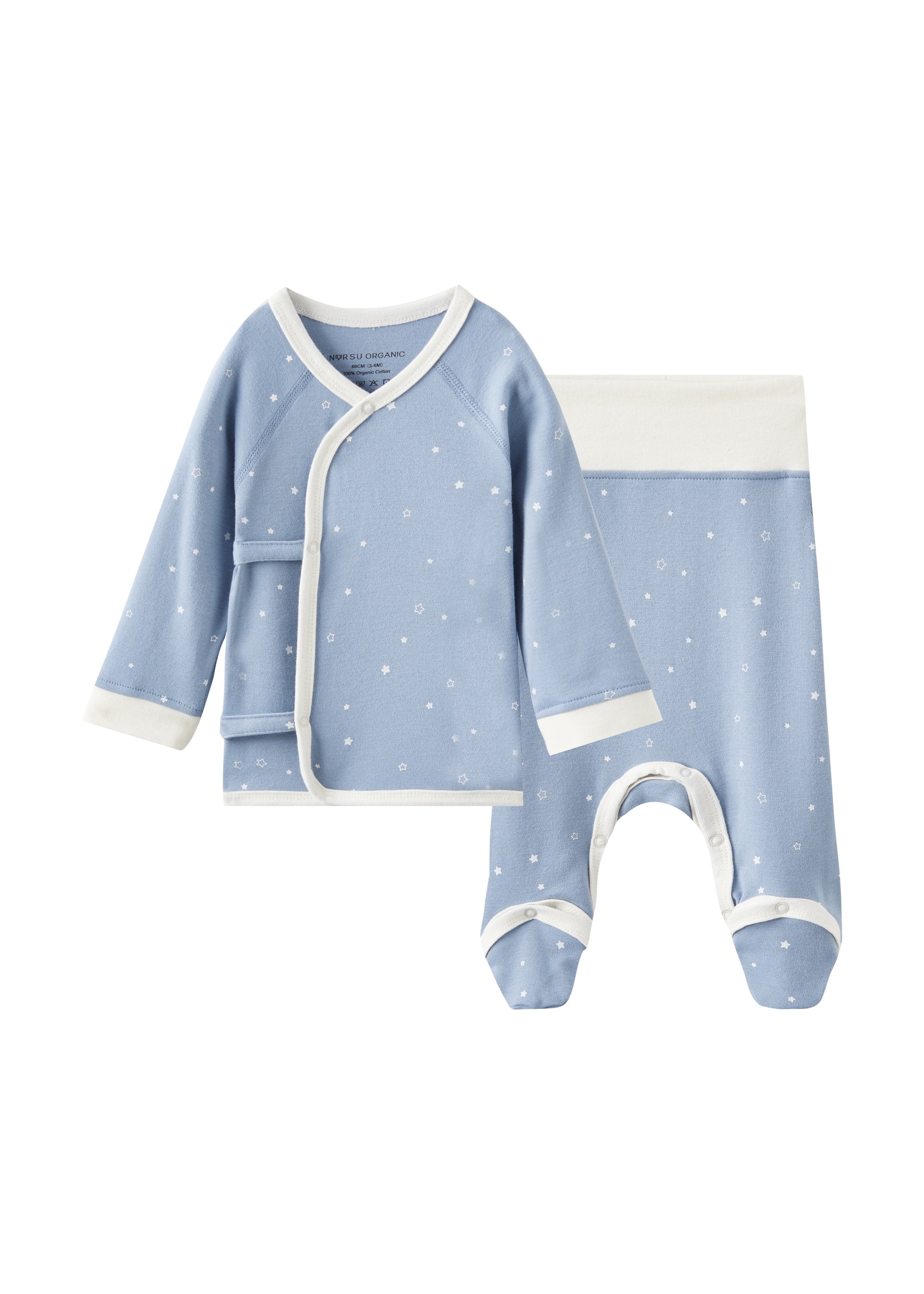 Baby blue outfit with white trim on a white background