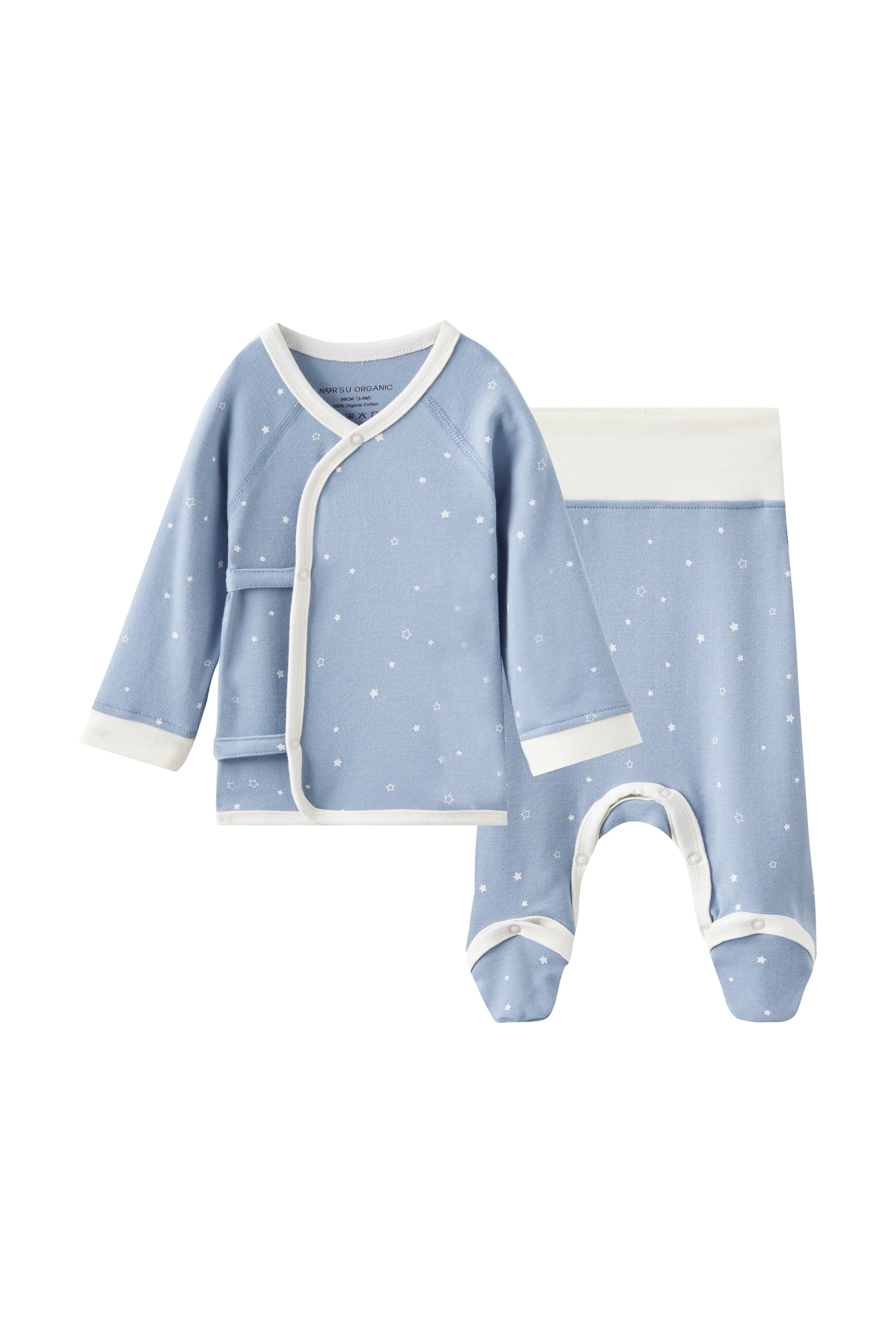 Baby blue outfit with white trim on a white background