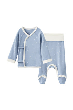 Baby blue outfit with white trim on a white background