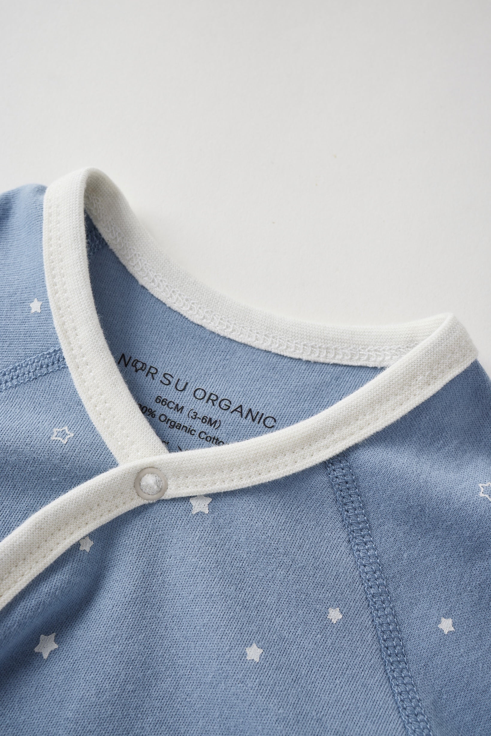 Close-up of a blue baby outfit with white trim and star pattern on a light gray background.
