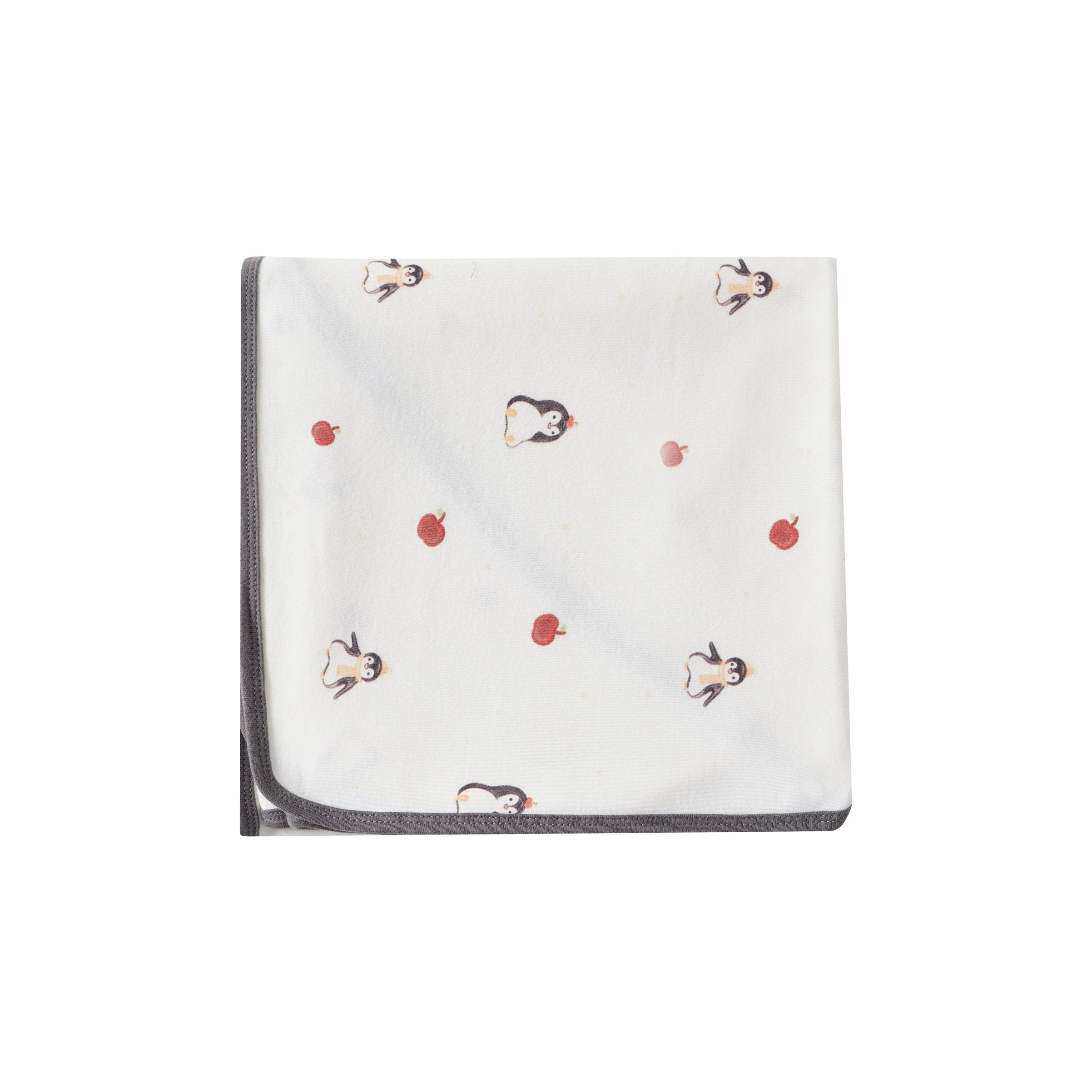 White swaddle blanket with red and black patterns on a white background
