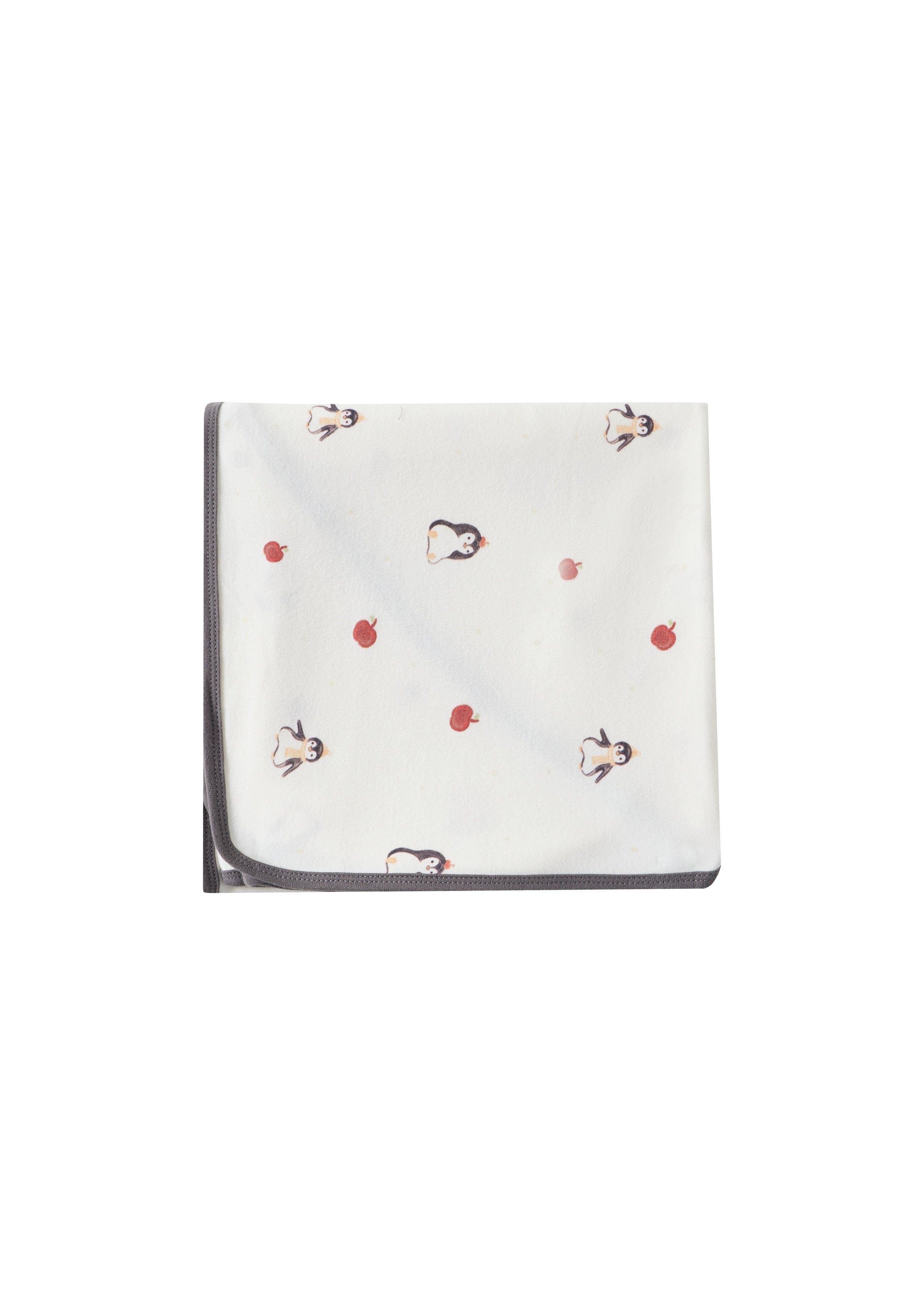 White swaddle blanket with red and black patterns on a white background