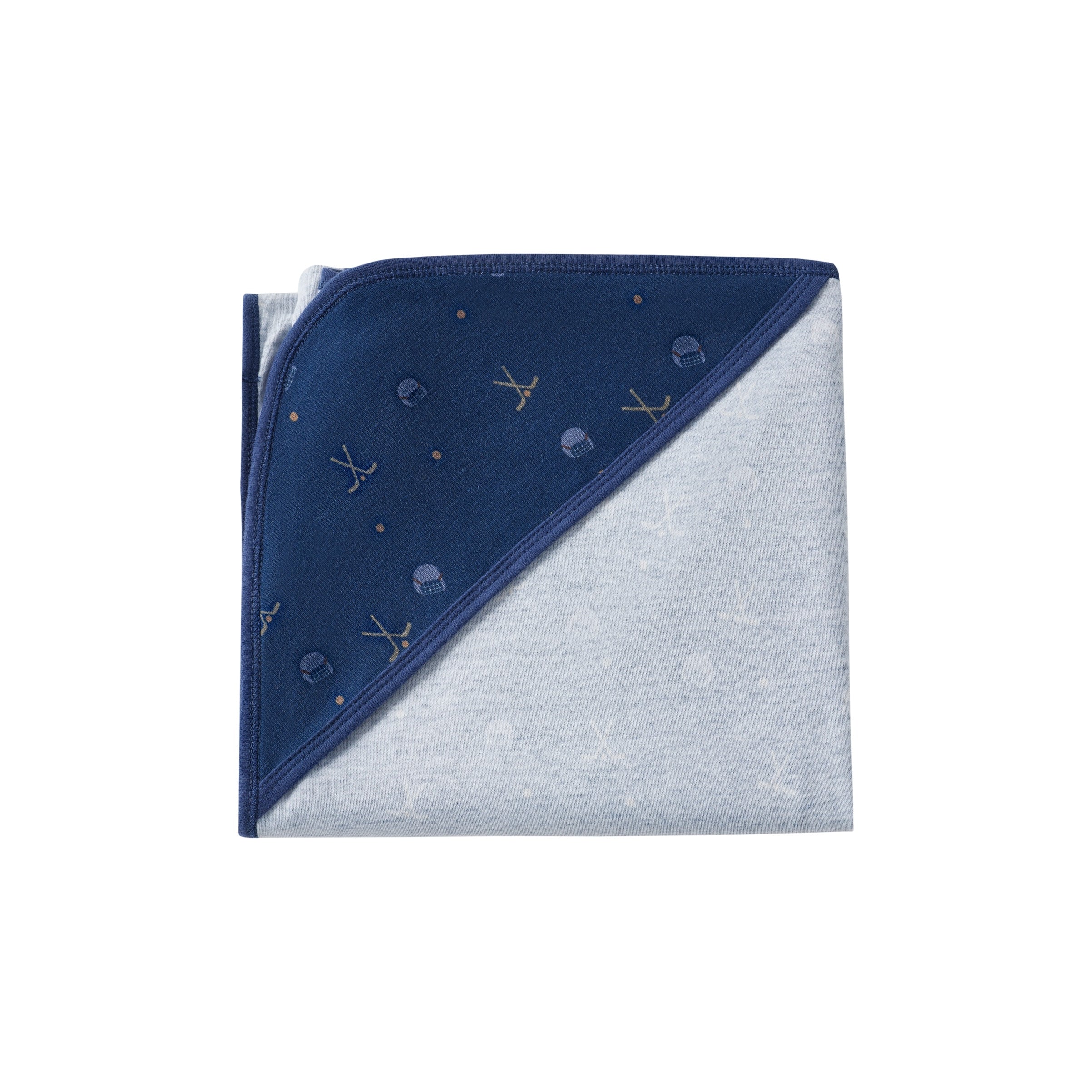 Navy and gray baby blanket with embroidered design on a white background