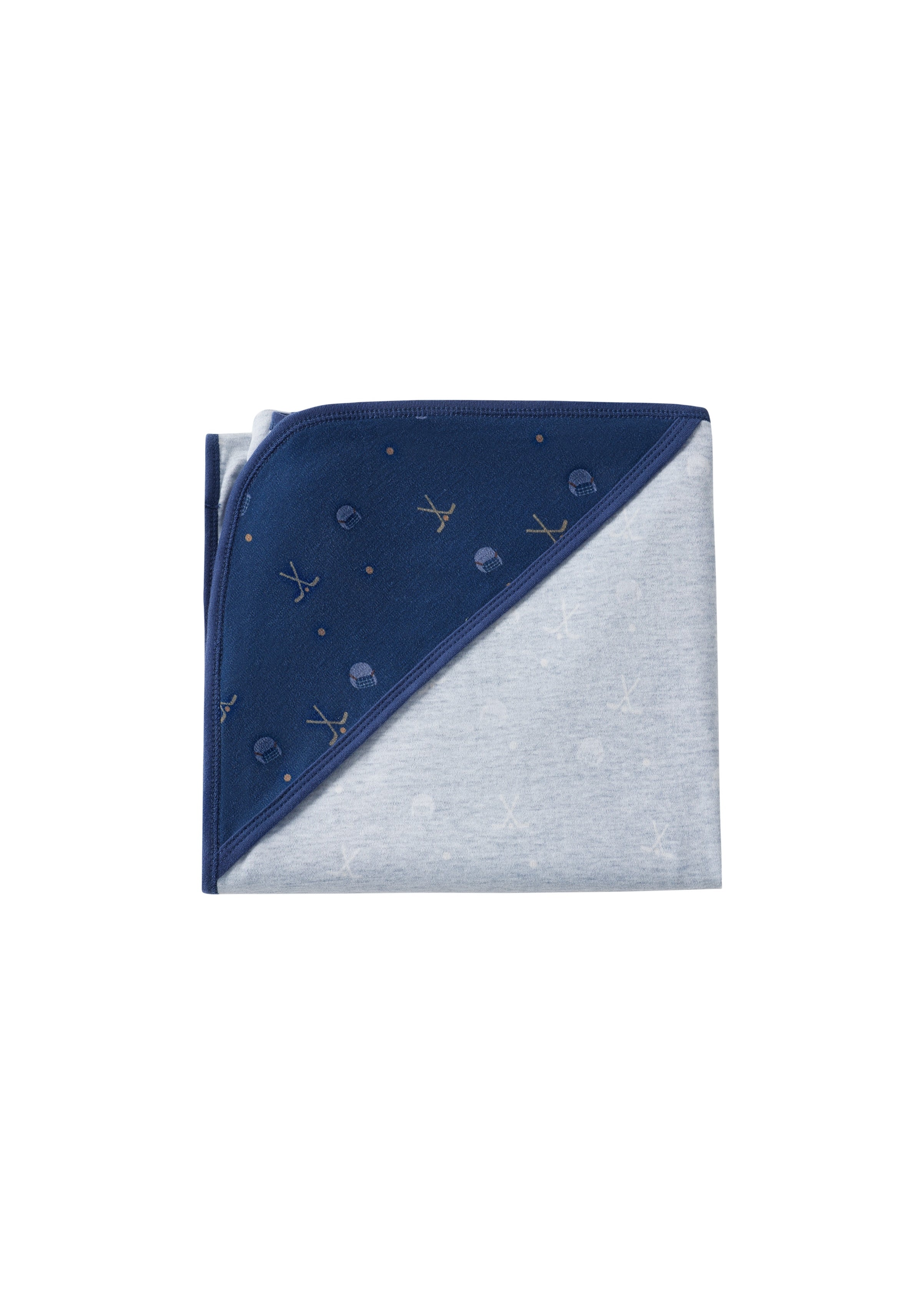 Navy and gray baby blanket with embroidered design on a white background