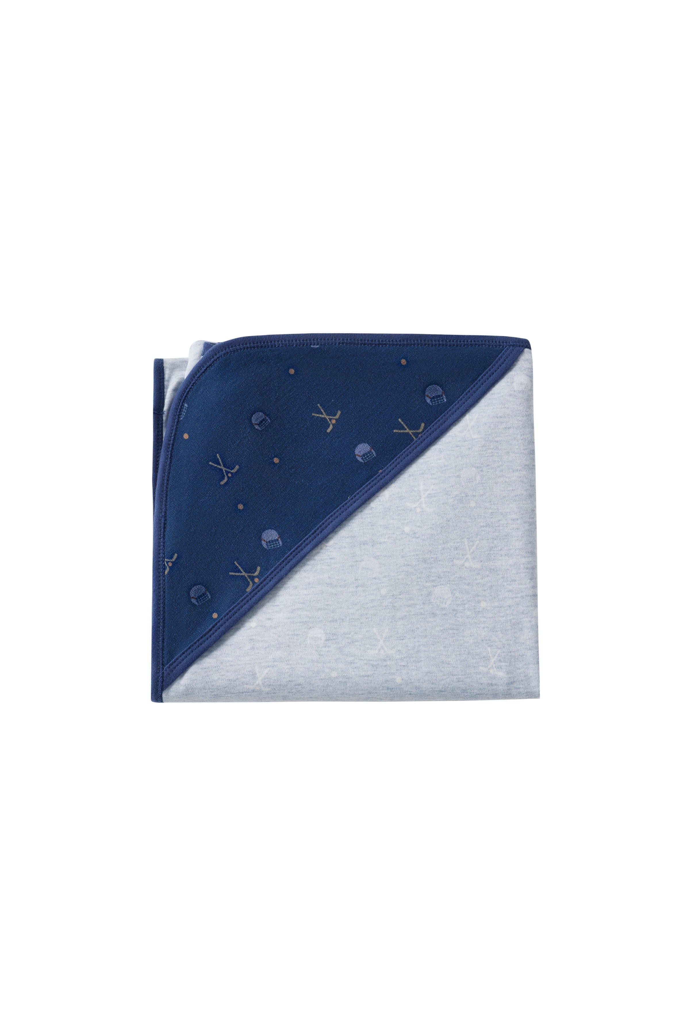Navy and gray baby blanket with embroidered design on a white background