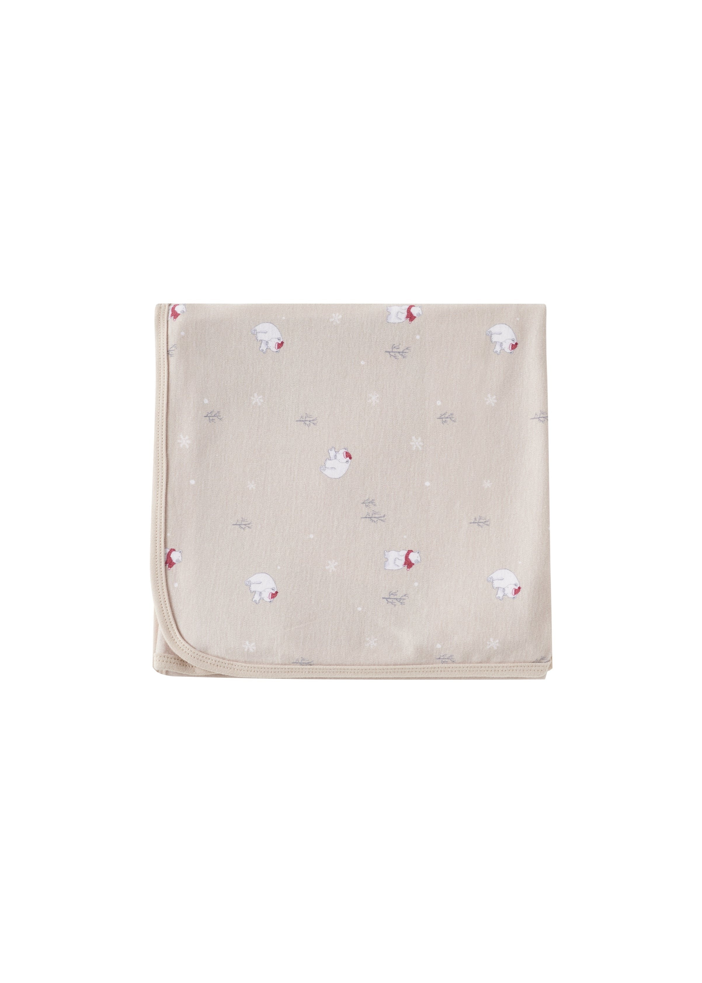 Beige blanket with red and white floral patterns on a white background