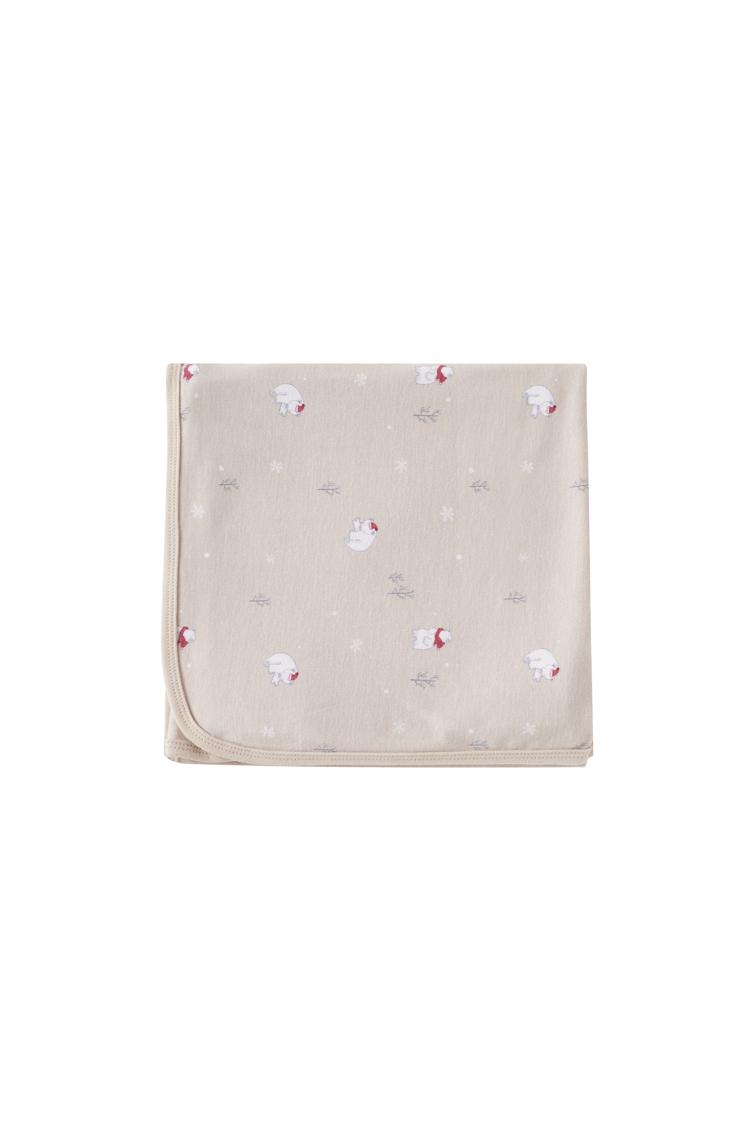 Beige blanket with red and white floral patterns on a white background