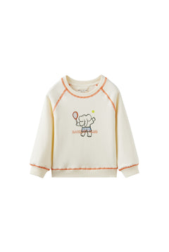 White sweatshirt with a cartoon design on a white background