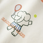 Embroidered design of a cartoon character holding a tennis racket and ball on a white background with 'Pacquay Club' text.