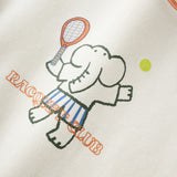 Embroidered design of a cartoon character holding a tennis racket and ball on a white background with 'Pacquay Club' text.
