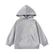 Gray hoodie with a small logo on a white background
