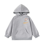 Gray hoodie with a small logo on a white background