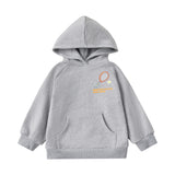Gray hoodie with a small logo on a white background