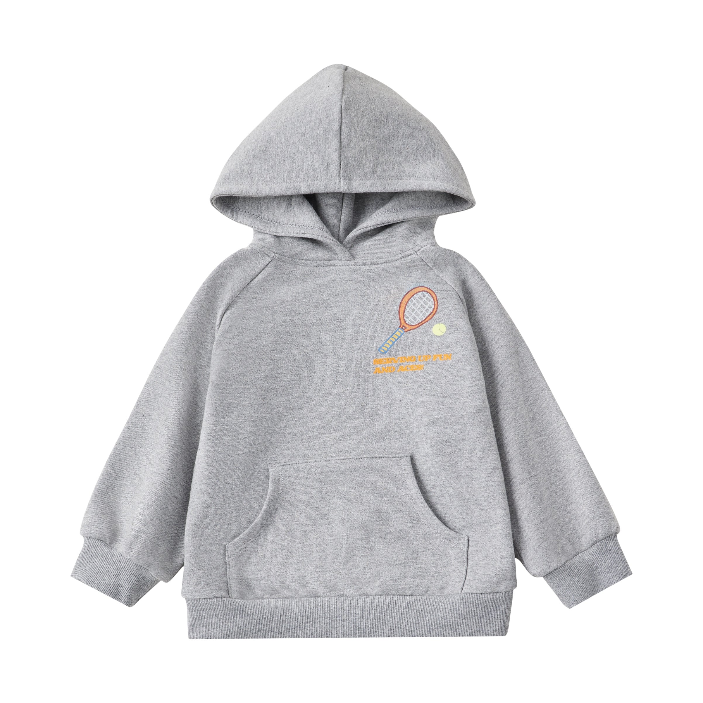Gray hoodie with a small logo on a white background