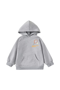 Gray hoodie with a small logo on a white background
