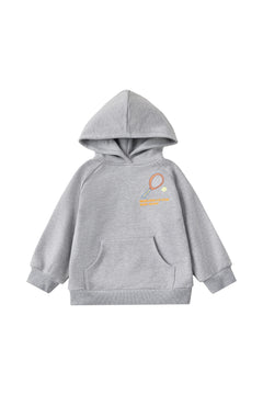 Gray hoodie with a small logo on a white background