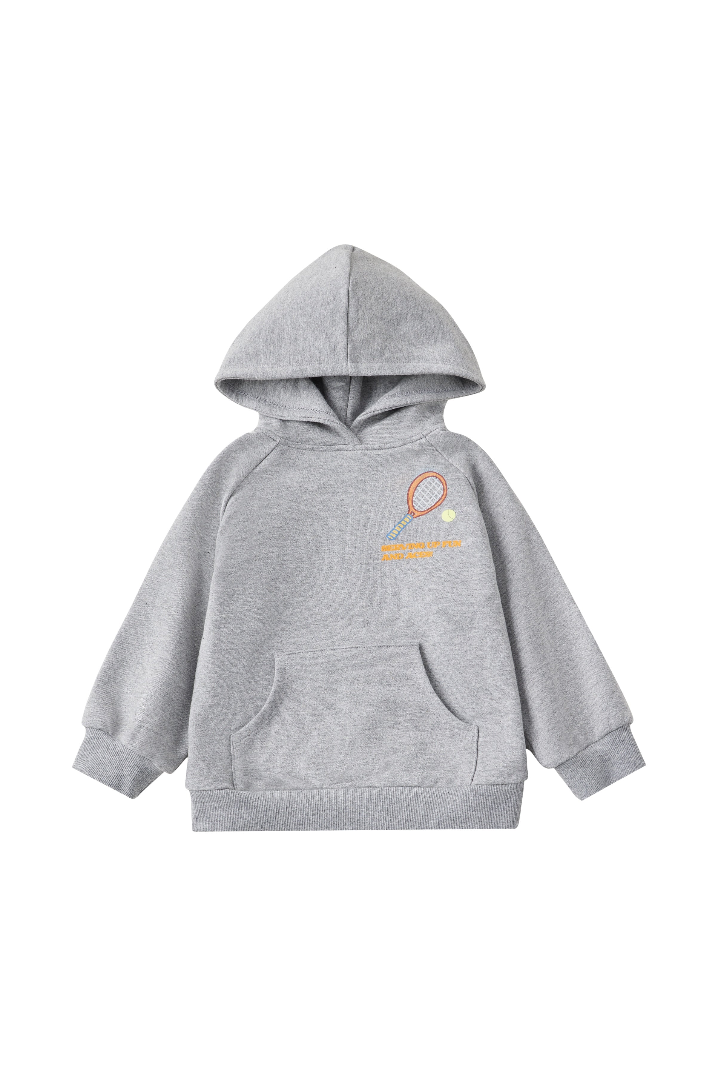 Gray hoodie with a small logo on a white background