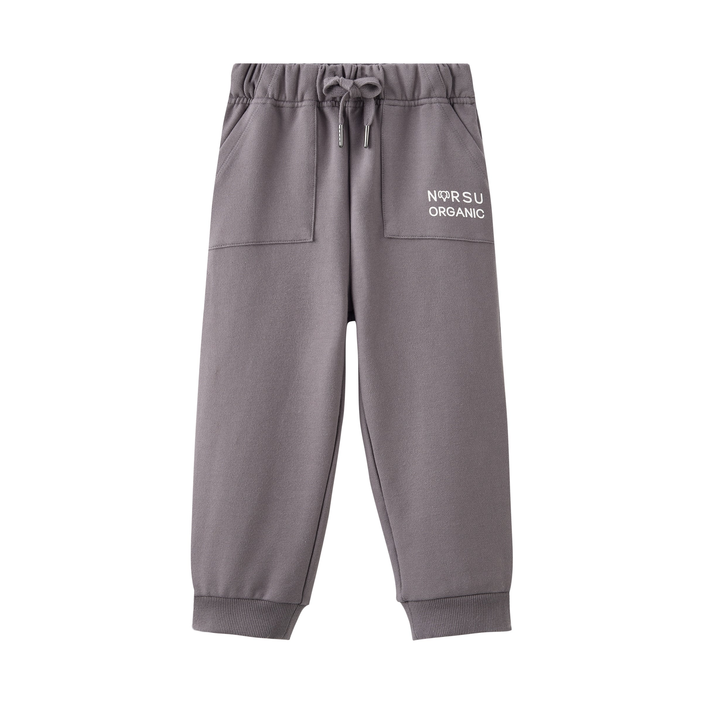 Gray sweatpants with a logo on a white background