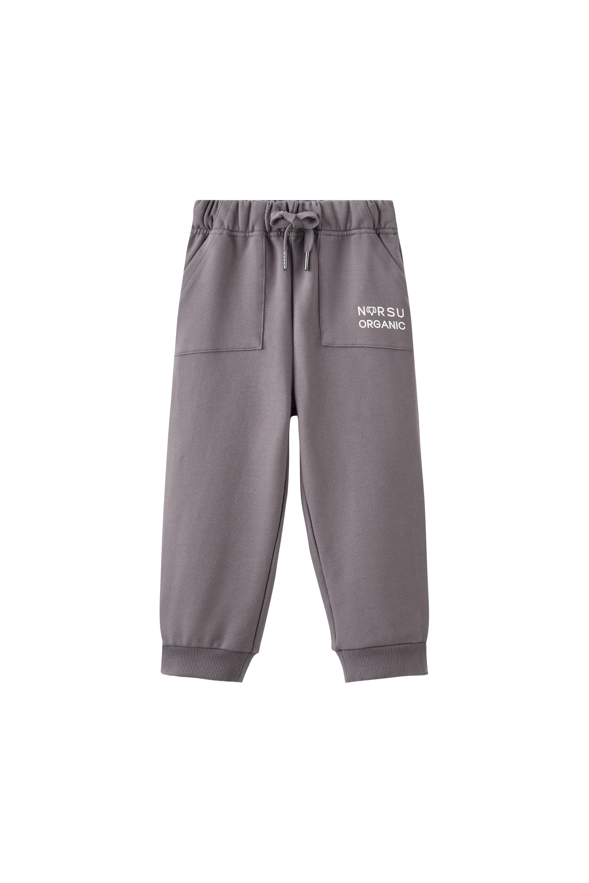 Gray sweatpants with a logo on a white background