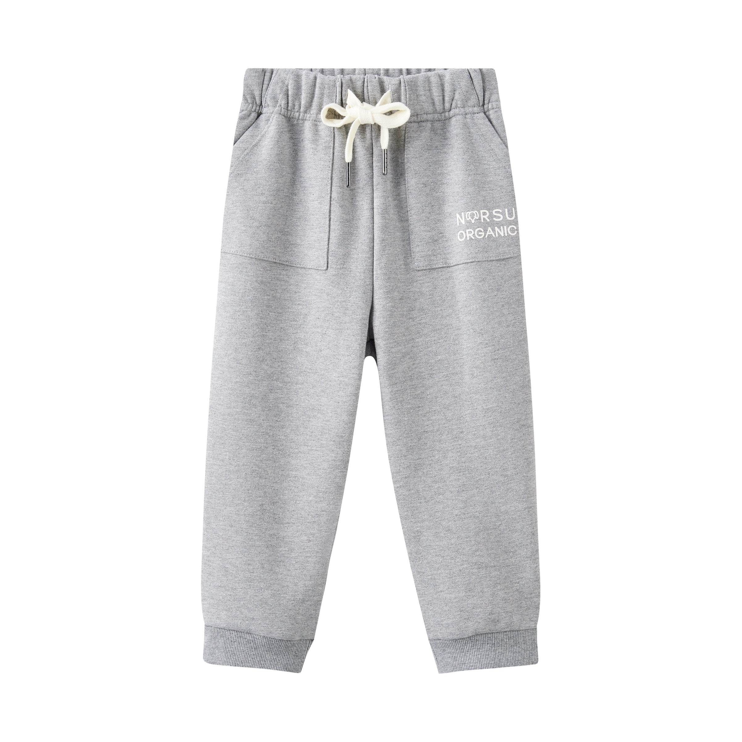 Gray sweatpants with a brand logo on a white background