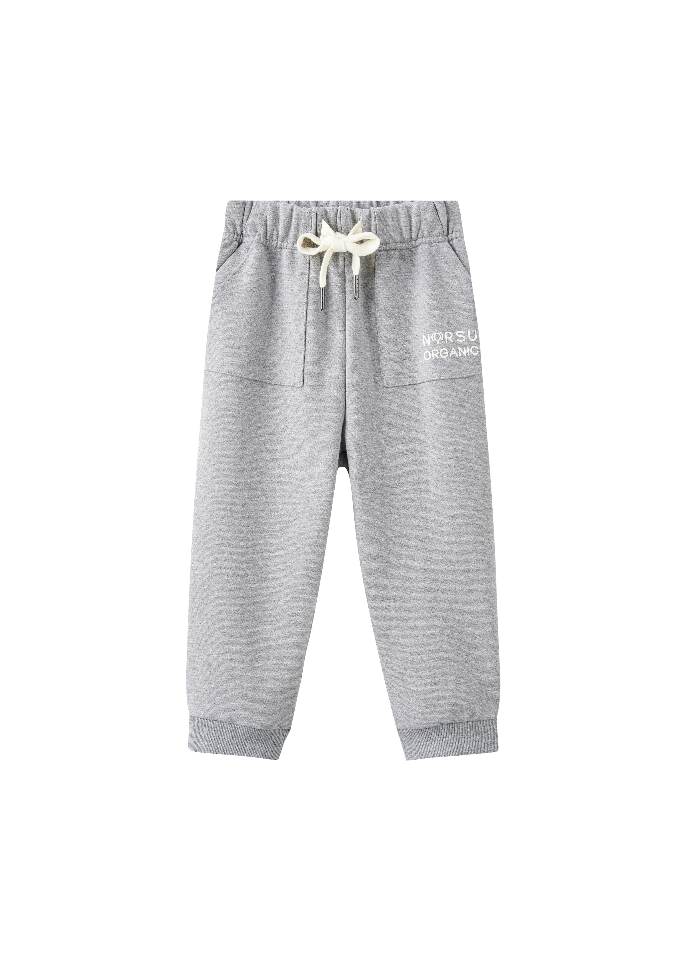 Gray sweatpants with a brand logo on a white background