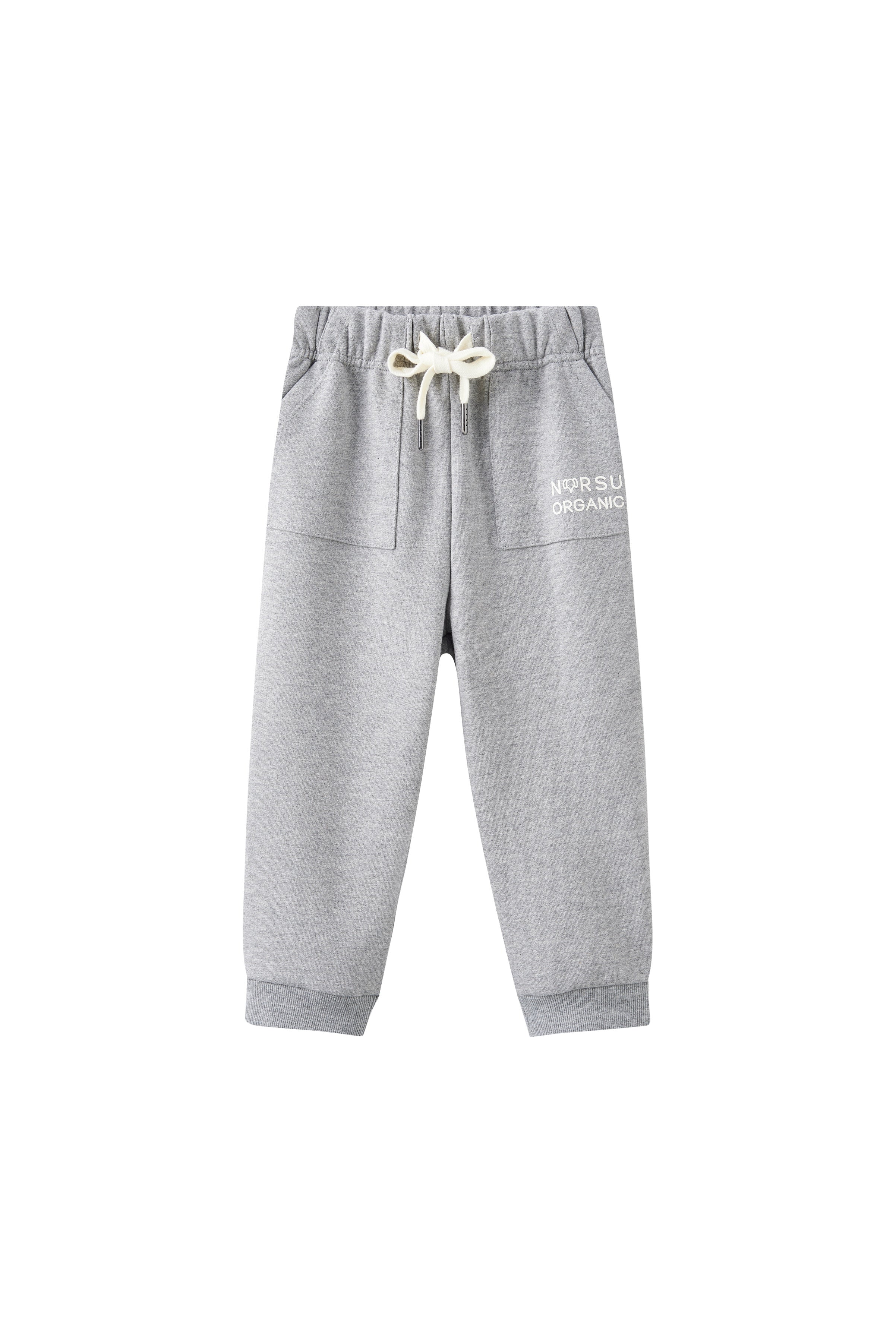 Gray sweatpants with a brand logo on a white background