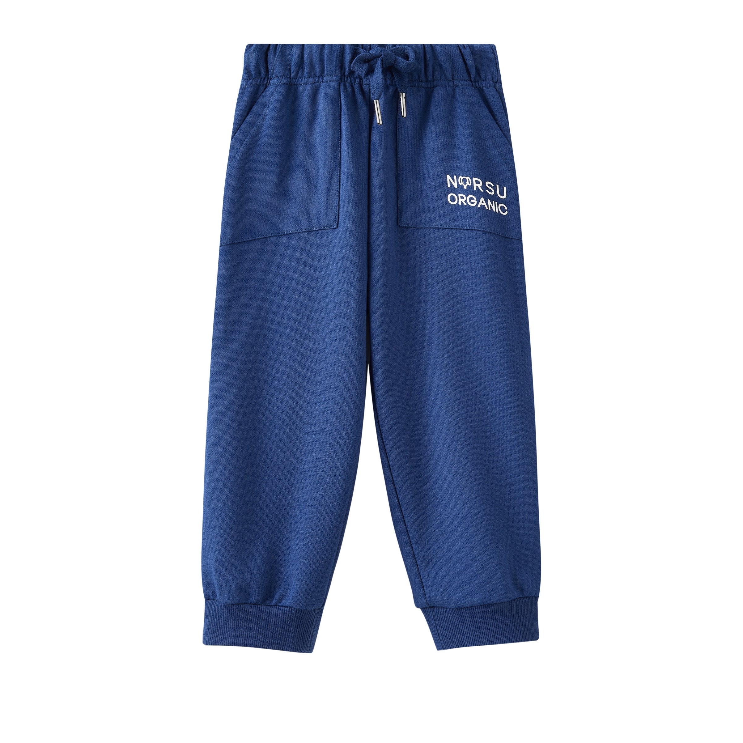 Blue sweatpants with 'Norsu Organic' branding on a white background