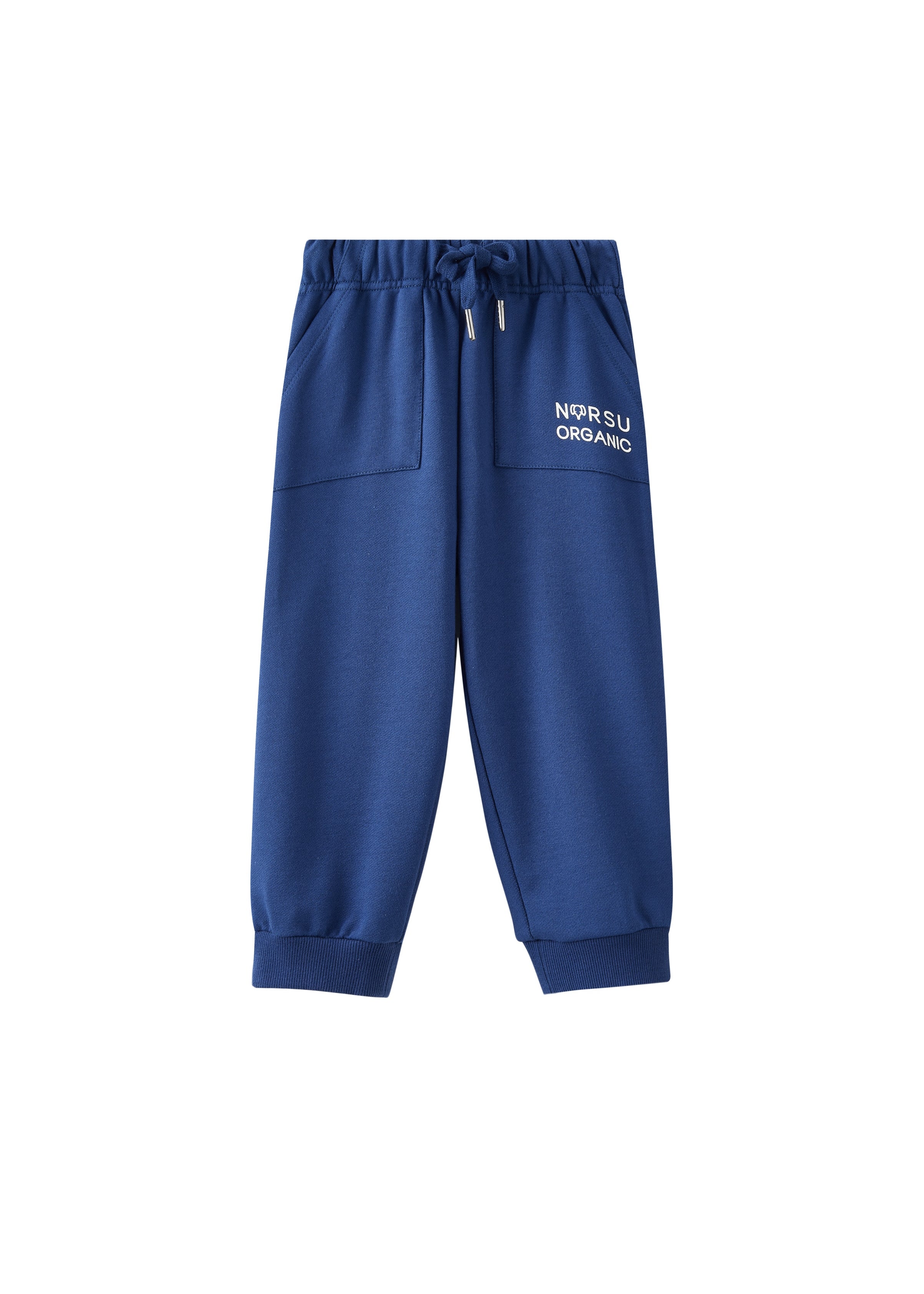 Blue sweatpants with 'Norsu Organic' branding on a white background