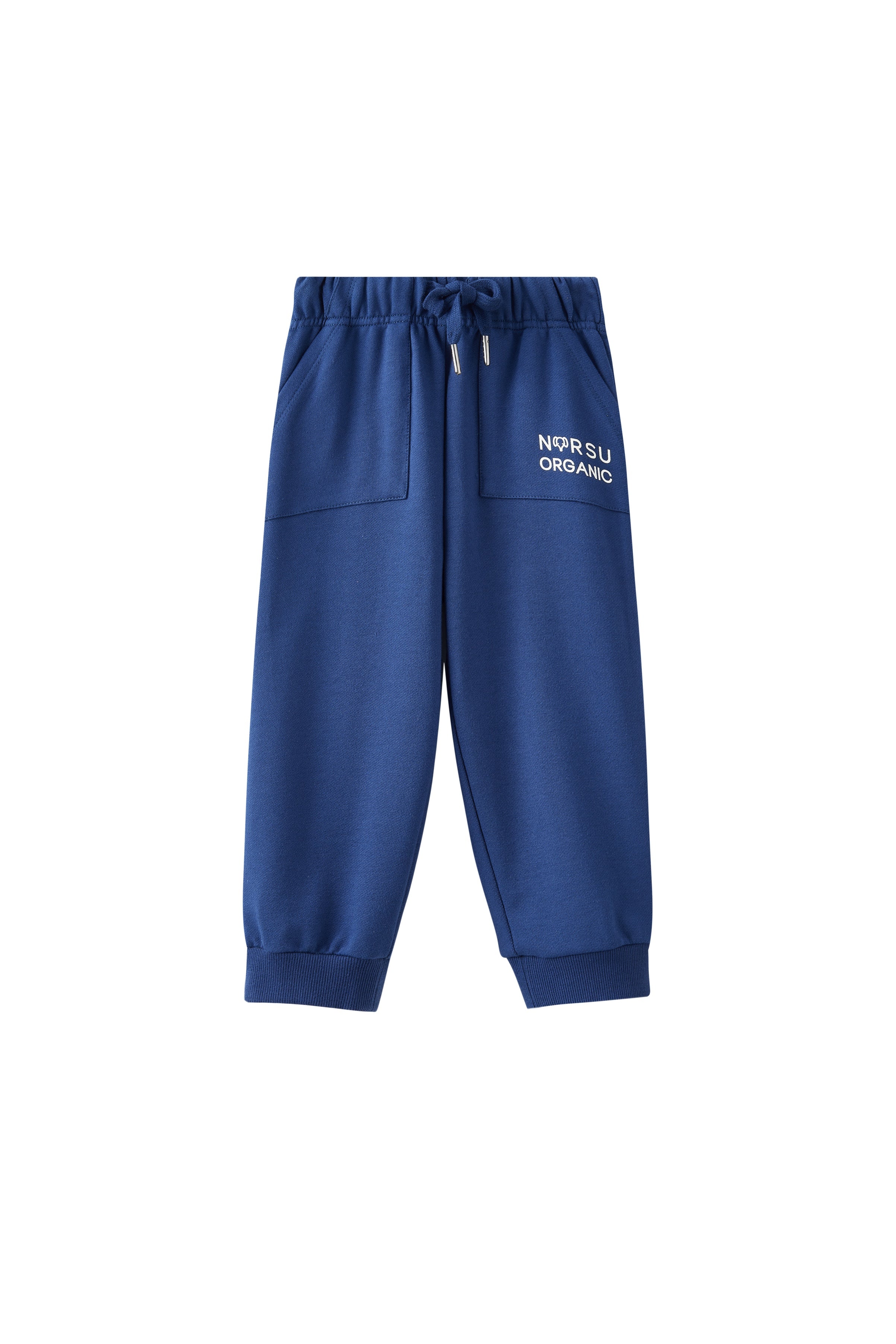 Blue sweatpants with 'Norsu Organic' branding on a white background
