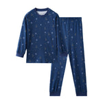 Blue children's pajama set with pattern on a white background