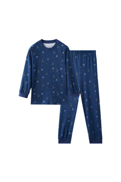 Blue children's pajama set with pattern on a white background