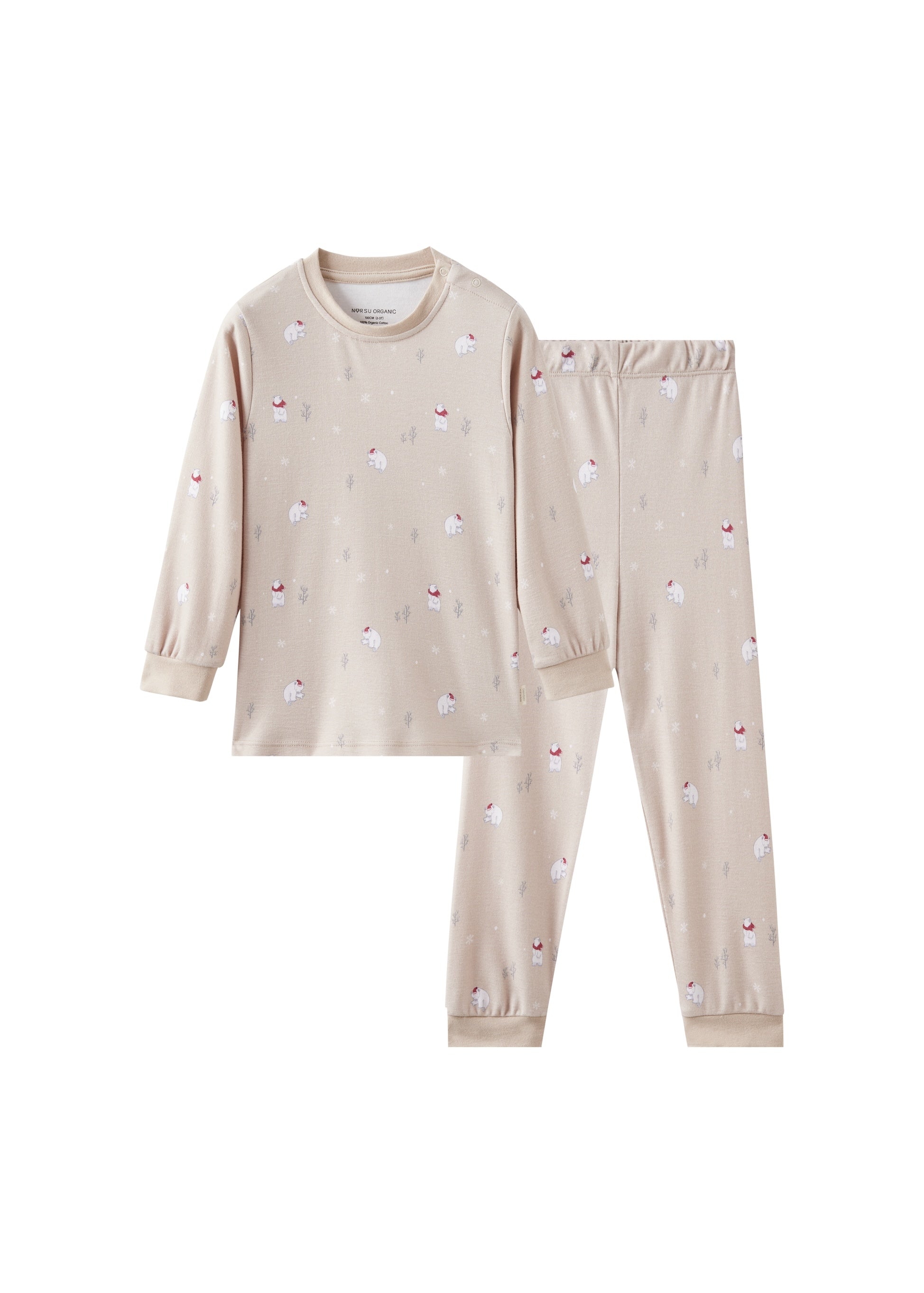 Beige pajama set with small patterns on a white background