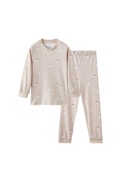Beige pajama set with small patterns on a white background
