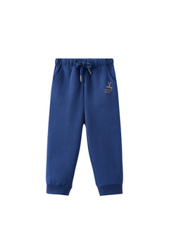 Blue sweatpants with a small logo on a white background