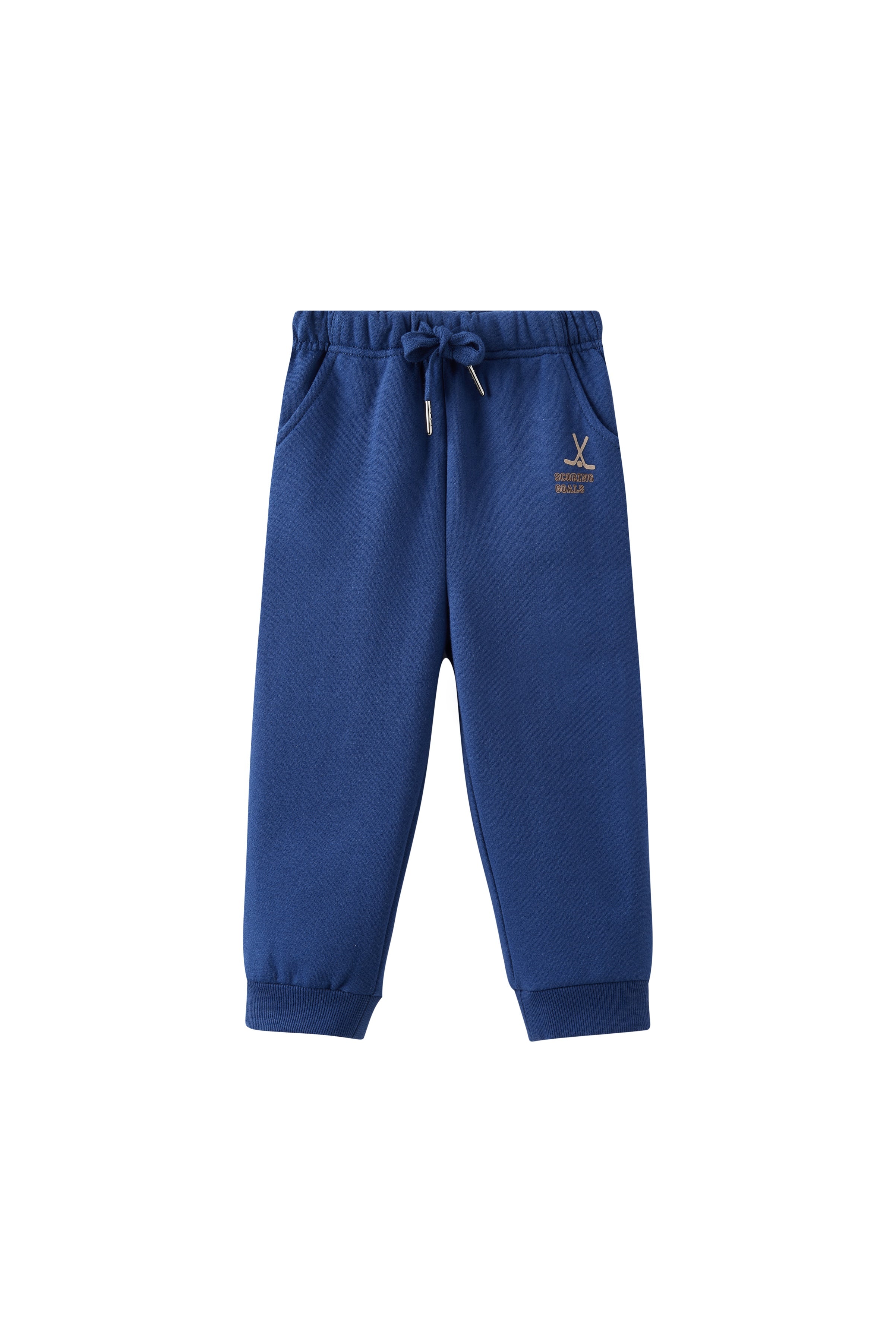 Blue sweatpants with a small logo on a white background