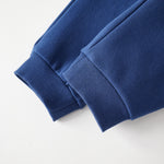 Close-up of a blue sweapant on a light gray background