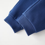 Close-up of a blue sweapant on a light gray background