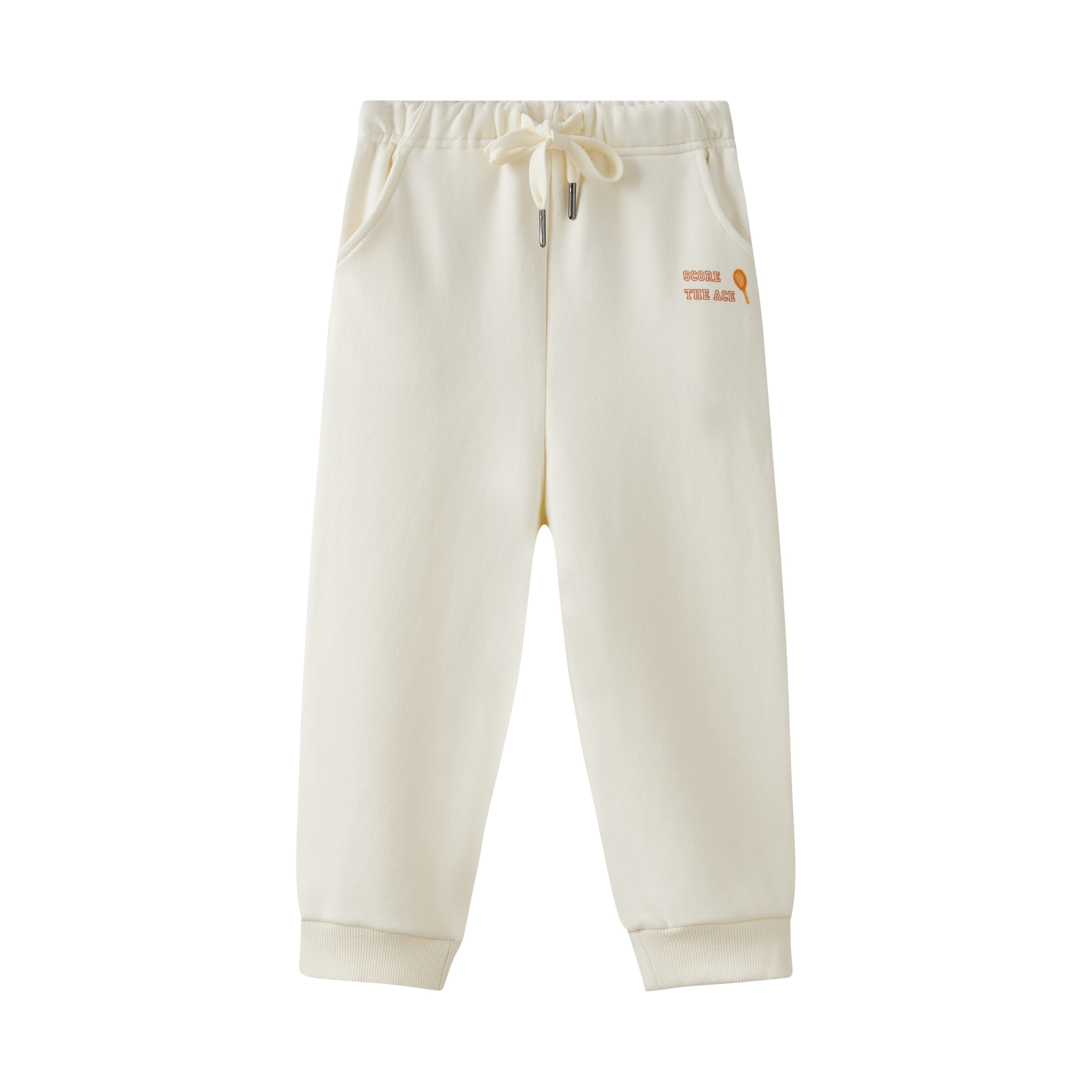 Beige sweatpants with a logo on a white background