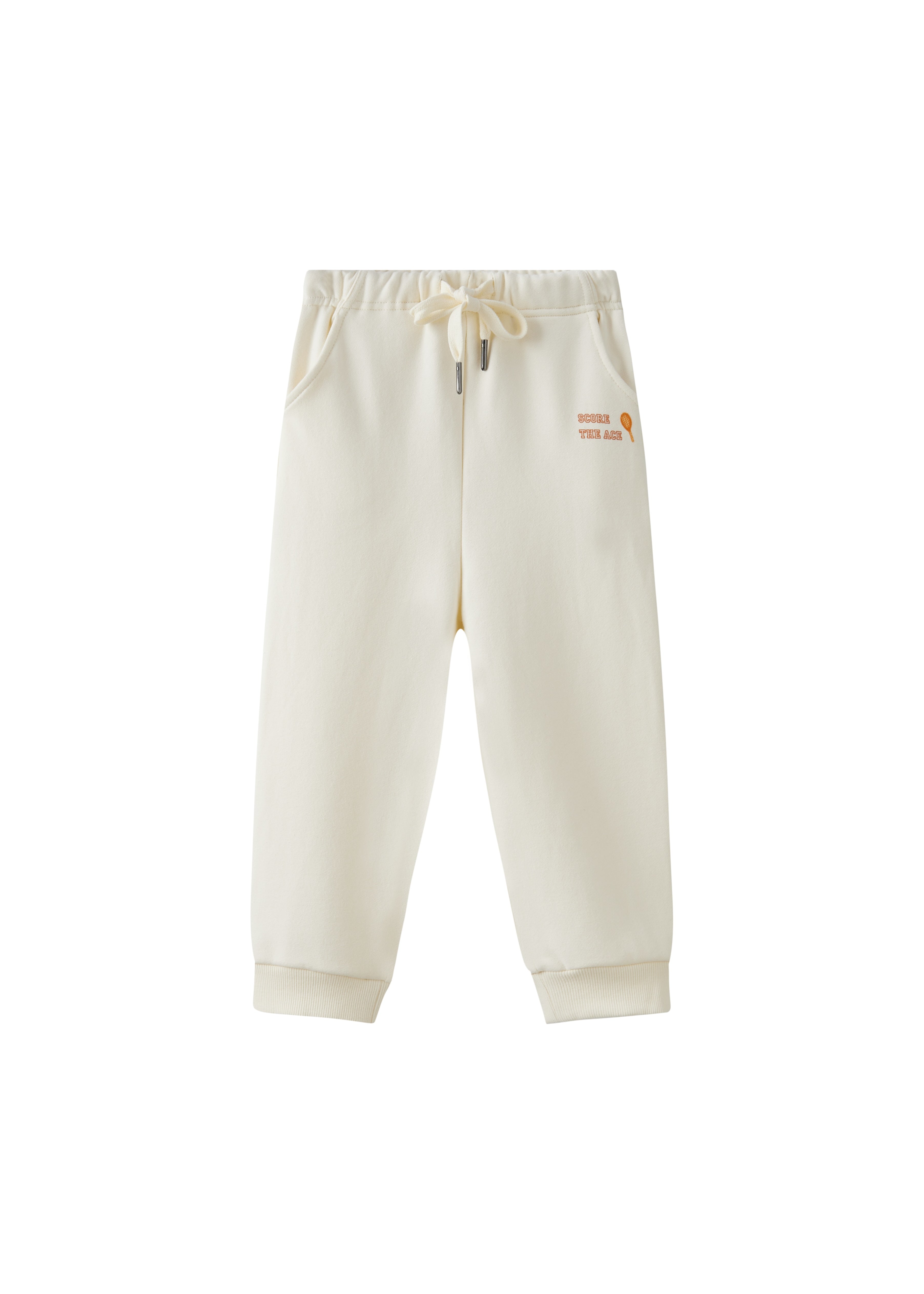Beige sweatpants with a logo on a white background